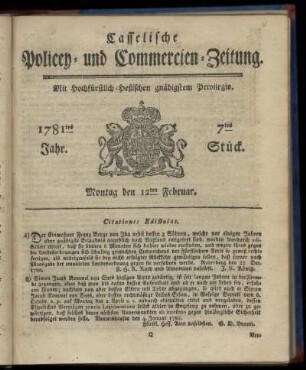 1781tes Jahr. 7tes Stück. Montag den 12ten Februar
