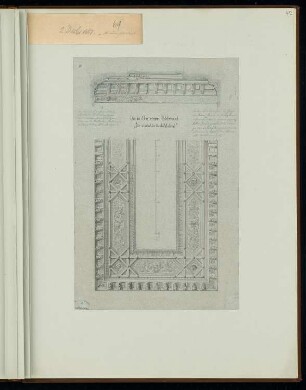 Decke eines Bildersaales Monatskonkurrenz Dezember 1867: Deckenuntersicht, Seitenansicht; Maßstabsleiste, Erläuterungstext