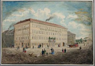 Das Hotel Stadt Leipzig von Nordosten, links die Rähnitzgasse nach Süden, rechts die Heinrichstraße nach Westen, im Hintergrund der Palaisplatz mit einem der Torhäuser von Gottlob Friedrich Thormeyer an Stelle des Weißen Tores
