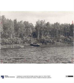 Landschaft mit Hütte und Boot