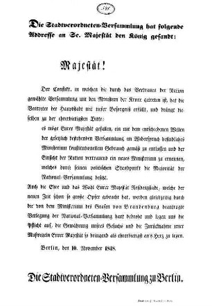 Die Stadtverordneten=Versammlung hat folgende Adresse an S[ein]e Majestät den König gesandt: [...]