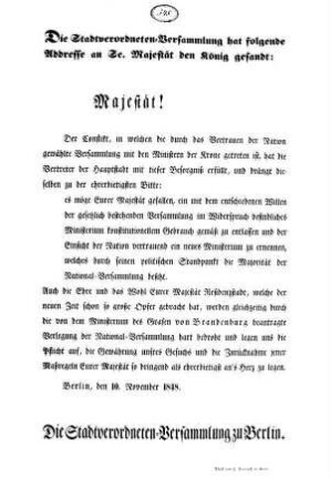 Die Stadtverordneten=Versammlung hat folgende Adresse an S[ein]e Majestät den König gesandt: [...]