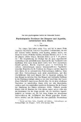 Psychologische Probleme des Hungers und Appetits, insbesondere beim Kinde