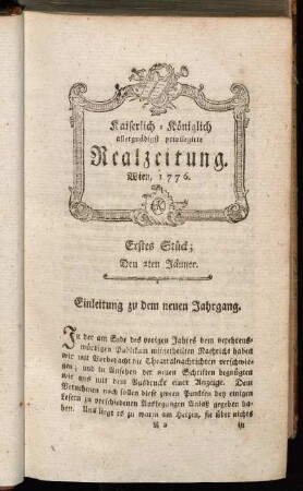 Erstes Stück; Den 2ten Jänner. Wien, 1776.