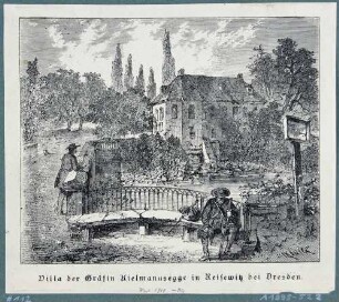 Die Villa der Gräfin Kielmannsegge im Reisewitzschen Garten in Plauen bei Dresden über die Weißeritzbrücke gesehen (Wasserschlösschen, Kielmannseggeschlösschen, Neidtschützschlösschen)