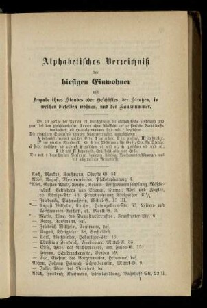 Alphabetisches Verzeichniß der hiesigen Einwohner