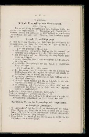 8. Abteilung. Private Armenpflege und Wohltätigkeit.