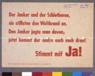 Maueranschlag mit einer Losung zum Volksentscheid über die Enteignung der Kriegsverbrecher