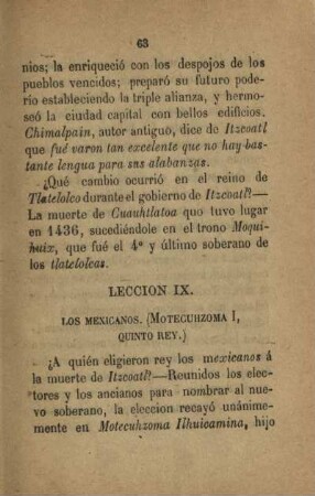 Leccion IX. Los Mexicanos (Motecuhzoma I, quinto rey.)