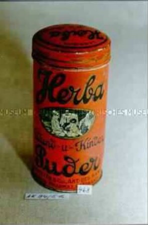 Blechdose mit "Herba Wund- u- Kinder-Puder"
