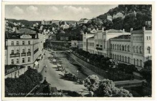 Weltbad Karlsbad. Kurhaus, Mühlbrunn und Hotel Imperial : Karlsbad. Kreuzstraße mit Hotel und Café Paradies und Mühlbrunn-Quai an der Teplá mit Kurhaus. Blick gegen Hotel Imperial