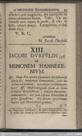 XIII. Iacobi Durfeldi ad Menonem Hannekenium
