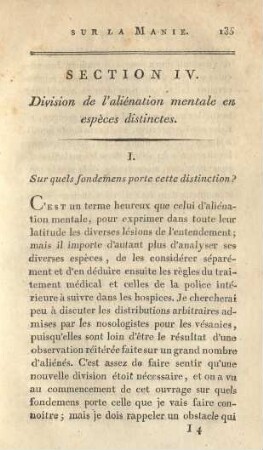 Section IV : Division de l'aliénation mentale en espèces distinctes