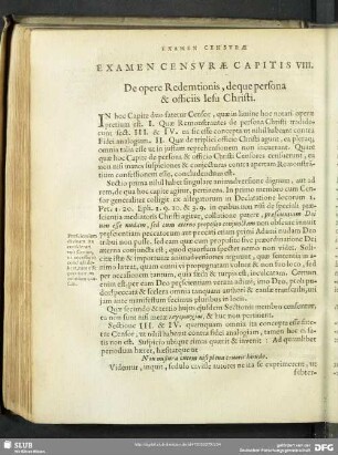 Examen Censurae Capitis VIII. De opere Redemtionis, deque persona & officiis Iesu Christi