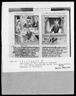 Zwei Schriften — Speculum humanae salvationis — Textseite mit zwei Miniaturen, Folio 64verso