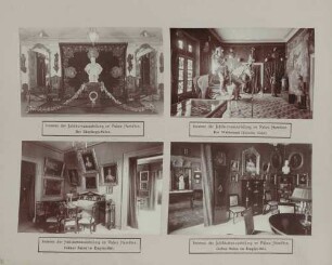 links oben: Waffensaal des Palais Hamilton bei der Städtischen Jubiläumsausstellung in Baden-Baden rechts oben: Gelber Salon im Empire-Stil im Palais Hamilton bei der Städtischen Jubiläumsausstellung in Baden-Baden links unten: Empfangs-Salon des Palais Hamilton bei der Städtischen Jubiläumsausstellung in Baden-Baden rechts unten: Grüner Salon im Empire-Stil im Palais Hamilton bei der Städtischen Jubiläumsausstellung in Baden-Baden