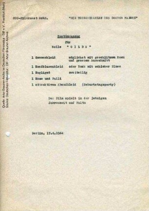 Kostümauszug für "Gilda"