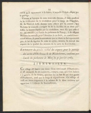 Extrait du procès-verbal des experts pout le partage des terres d'Oberbronn & de Niederbronn, confirmé par l'arrêt du parlement de Metz du 31 janvier 1765. Zinnsweiler