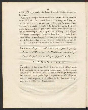 Extrait du procès-verbal des experts pout le partage des terres d'Oberbronn & de Niederbronn, confirmé par l'arrêt du parlement de Metz du 31 janvier 1765. Zinnsweiler