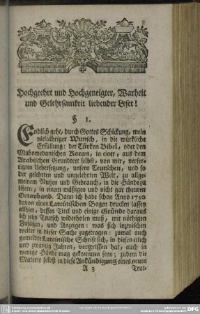 Hochgeehrt und Hochgeneigter, Warheit und Gelehrsamkeit liebender Leser!