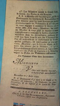 Letter De Monsieur le Baron Vander Hagen aux Capitaines des Volontaires de Bruxelles : [Bruxelles ce 7 Août 1793.]