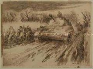 Deutsche Panzer und Infanterie in Winterausrüstung auf dem Marsch