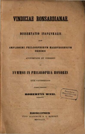 Vindiciae Ronsardianae : dissertatio inauguralis