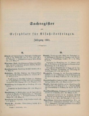 Sachregister zum Gesetzblatt für Elsaß-Lothringen. Jahrgang 1881
