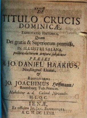 De Titulo Crucis Dominicae, Exercitatio Historica