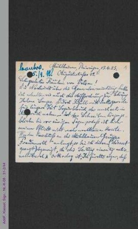 Briefkarte von Ida Joedicke an Dorothee von Velsen