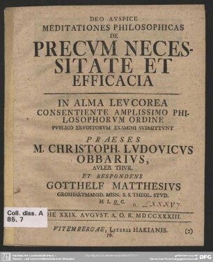 Meditationes Philosophicas De Precum Necessitate Et Efficacia