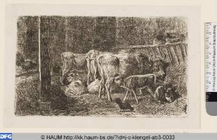 Kühe und Kälber an einer Raufe im Stallinterieur