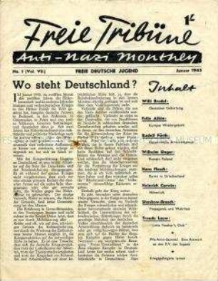 Mitteilungsblatt der Jugendorganisation der deutschen Emigranten in Großbritannien "Freie Tribüne" u.a. zur Kriegslage