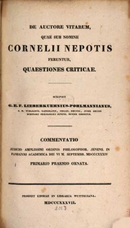 De auctore vitarum quae sub nomine Cornelii Nepotis feruntur, Quaestiones criticae