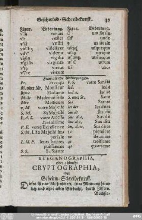 Steganographia, oder vielmehr Cryptographia, oder Geheim-Schreibekunst.