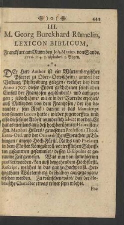 III. M. Georg Burckhard Rümelin, Lexicon Biblicum, ...