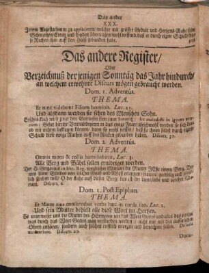 Das andere Register/ Verzeichnuß der jenigen Sonntäg [...] an welchen erwehnte Discurs mögen gebraucht werden.