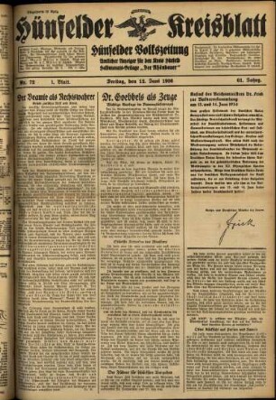 Erste Ausgabe vom Freitag, den 12. Juni 1936.