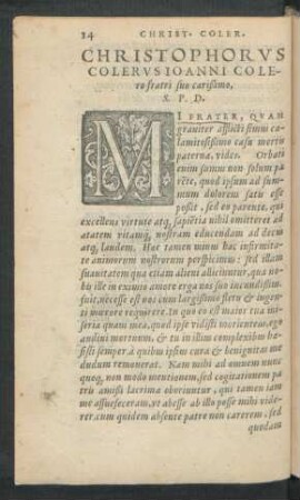 Christophorus Colerus Ioanni Colero fratri suo carißimo, S. P. D.