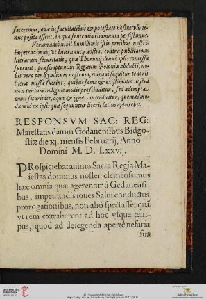 Responsvm Sac: Reg: Maiestatis datum Gedanensibus Bidgostiæ die xj. mensis Februarij, [...]
