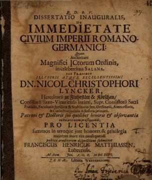 Dissertatio Inauguralis, De Immedietate Civium Imperii Romano-Germanici