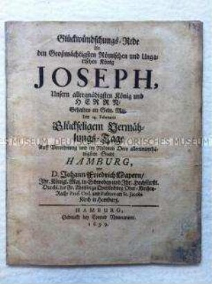 Glückwunschrede an Kaiser Joseph I. zu seiner Hochzeit mit Amalie Wilhelmine von Braunschweig-Lüneburg