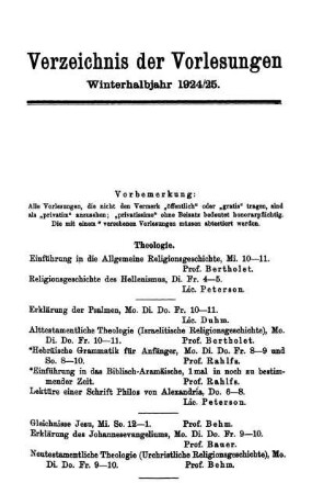 Verzeichnis der Vorlesungen Winterhalbjahr 1924/25.