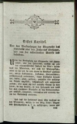 Erstes Kapitel. Von den Verstopfungen der Eingeweide des Unterleibs oder den Infarctus überhaupt, und von der infarcirenden Materie insbesondere.