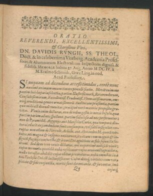 Oratio Reverendi, ... Dn. Davidis Rungii ...