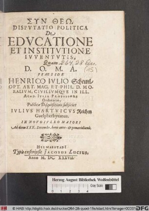 Disputatio Politica De Educatione Et Institutione Iuventutis