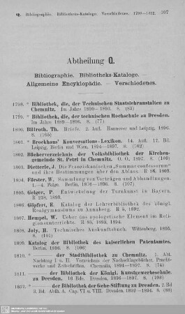 Abt. Q. Bibliographie. Bibliotheks-Kataloge. Allgemeine Encyklopädie. Verschiedenes