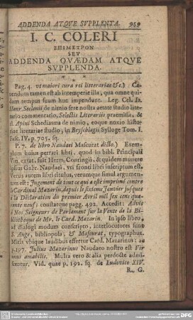 Accedunt Eiusdem Supplementa Jo. Christoph. Coleri Analecta