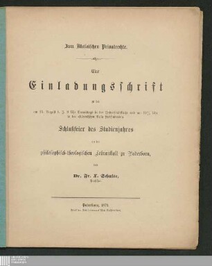Zum Mosaischen Privatrechte : eine Einladungsschrift zu der am 15. August d. J. [des Jahres] 8 Uhr vormittags in der Universitätskirche und um 10 1/2 Uhr in der akademischen Aula stattfindenden Schlußfeier des Studienjahres an der philosophisch-theologischen Lehranstalt zu Paderborn