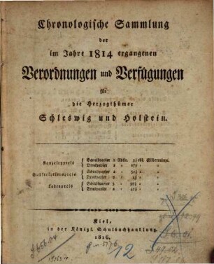 Chronologische Sammlung der im Jahre ... ergangenen Gesetze, Verordnungen und Verfügungen für die Herzogthümer Schleswig-Holstein. 1814
